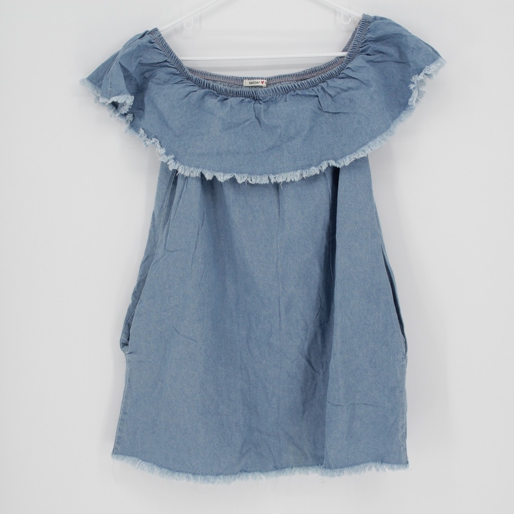 Better Be Women's Blue Off Shoulder Ruffle Chambray Top Size Large
